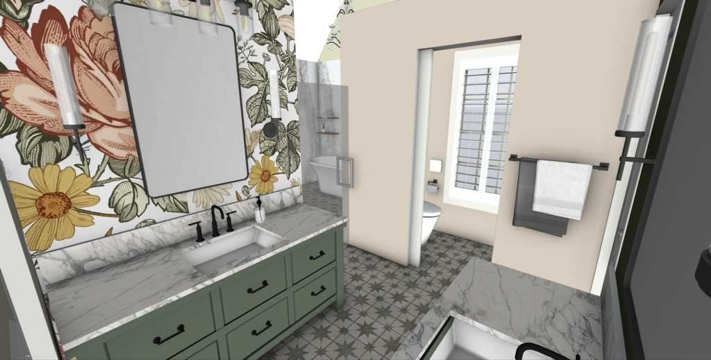 Ellis vanities and toilet area, through the glass door is the shower room
