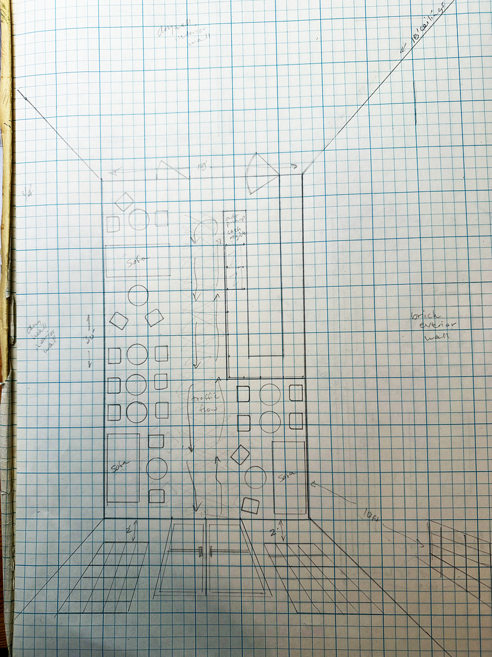 Baby Cake's Bakery concept development sketch on graph paper